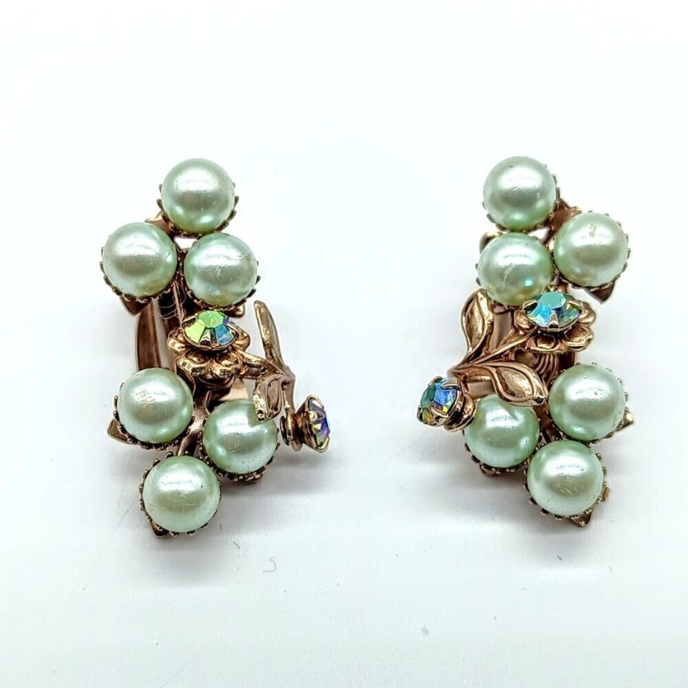 Mint Green Faux Pearl Aurora Borealis Crystal Clip On Earrings